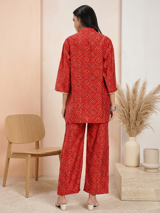 Red Printed Co-ord Set with Shirt Collar & Wide-Leg Pants