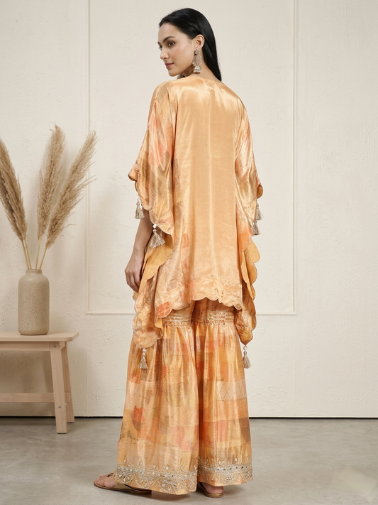 Peach Silk Mirror Work Kaftan with Sharara Set