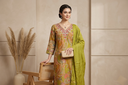 Green Paisley Printed Kurta Set with Matching Dupatta