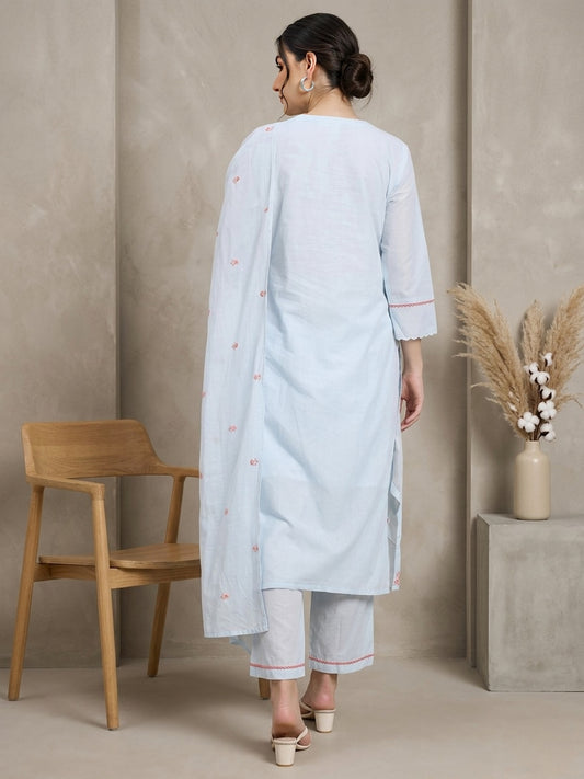 Elegant Sky-Blue Cotton Suit Set with Floral Embroidery and Dupatta