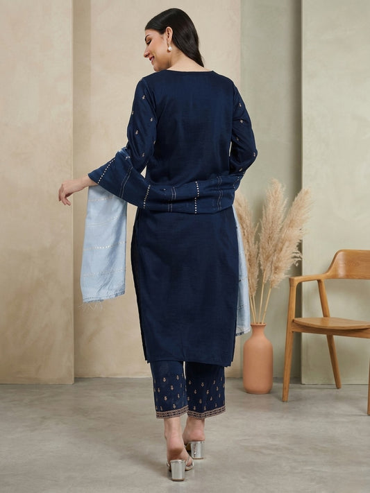 Navy Blue Embroidered Kurta Set with Light Blue Dupatta
