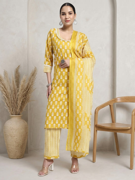 Mustard Yellow & White Cotton Printed Kurta Pant Dupatta Set
