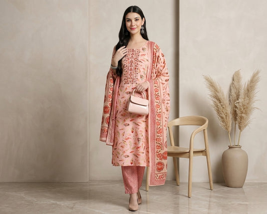 Peach Printed Straight Kurta Set with Matching Dupatta and Pants