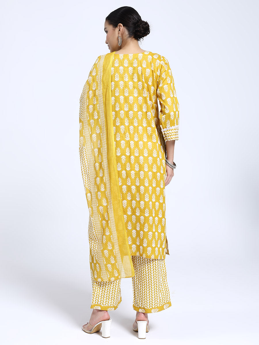 Mustard Yellow & White Cotton Printed Kurta Pant Dupatta Set