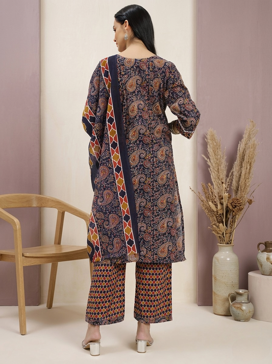 Navy Blue & Brown Cotton Printed Kurta Pant Dupatta Set