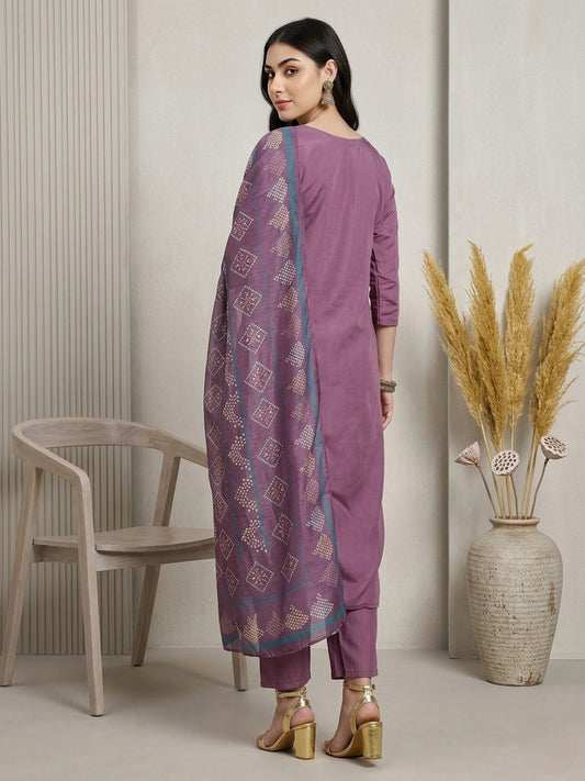 Elegant Purple Embroidered Kurta Set with Printed Dupatta