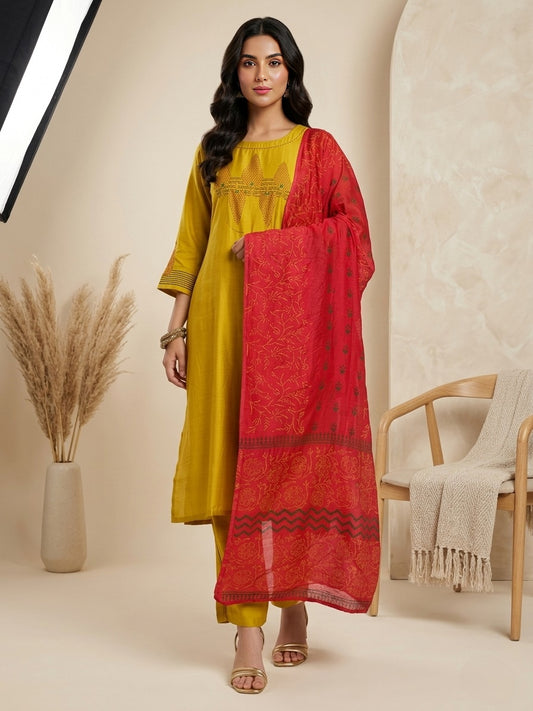Mustard Yellow Embroidered Kurta Set with Contrasting Red Printed Dupatta