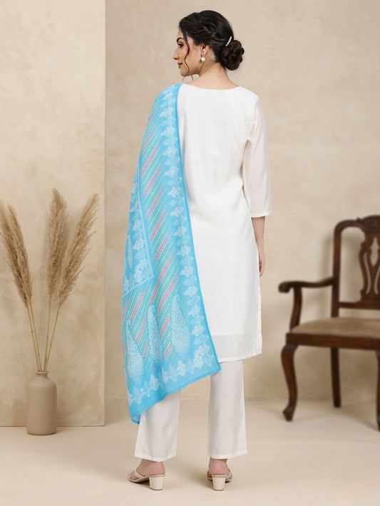 White Embroidered Kurta Set with Blue Printed Dupatta