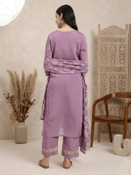 Lavender Kurta Set with Embroidered Trousers and Printed Dupatta