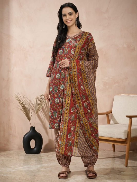 Rust Red & Brown Cotton Printed Salwar Suit Set