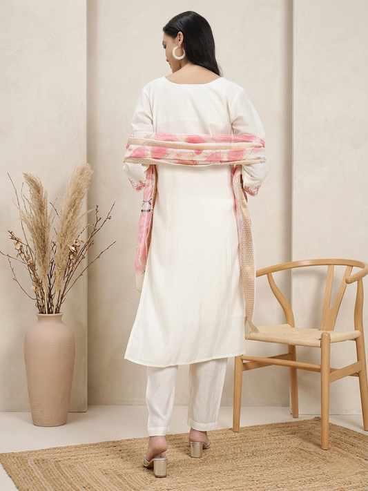 Off-White & Peach Embroidered Roman Silk Kurta Pant Dupatta Set