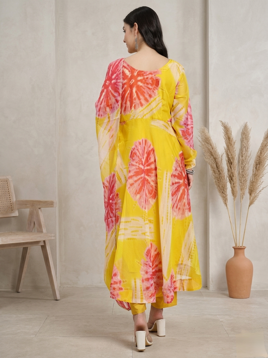 Bright Yellow Anarkali Suit Set with Abstract Floral Print and Dupatta