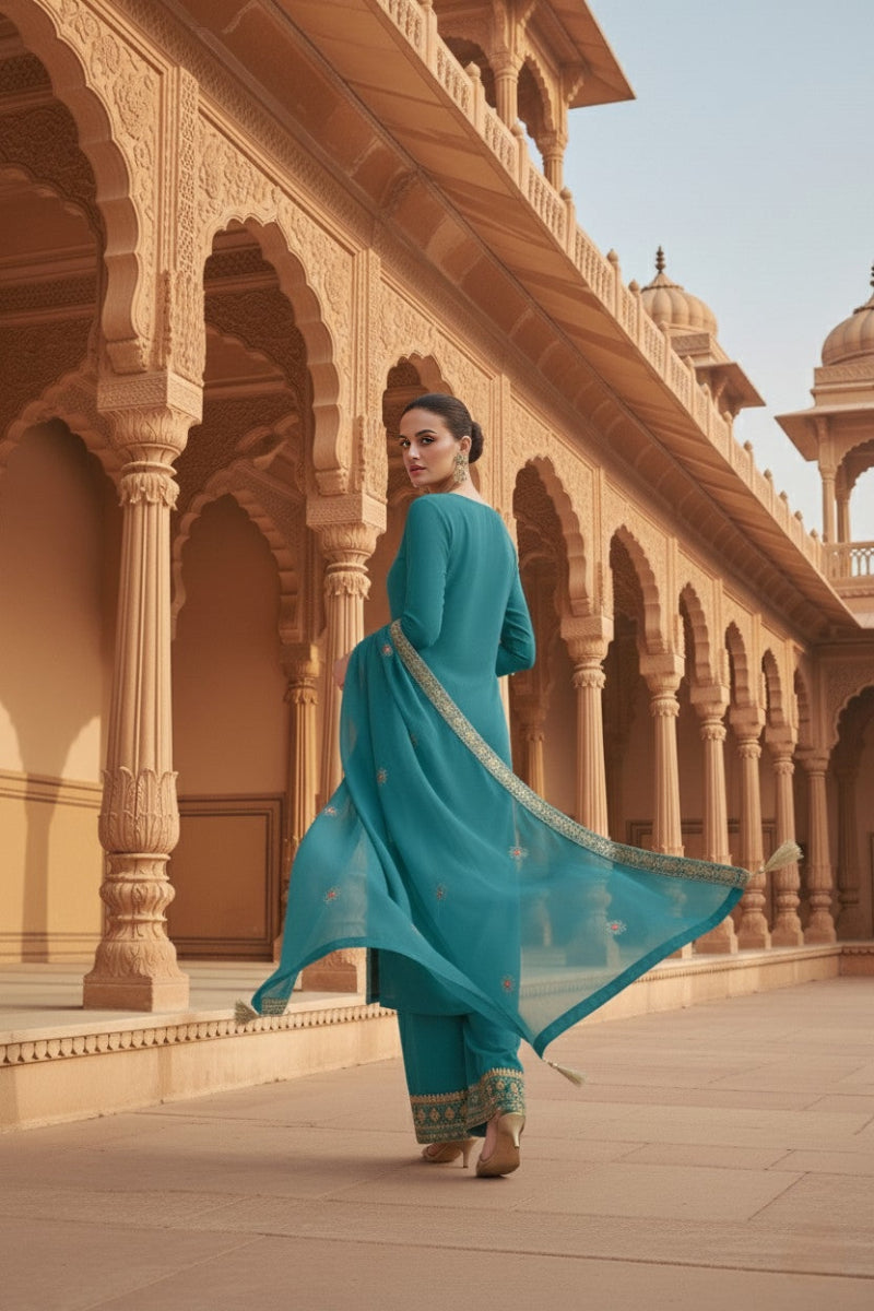 Teal Blue Embroidered & Chinon Straight Suit Set