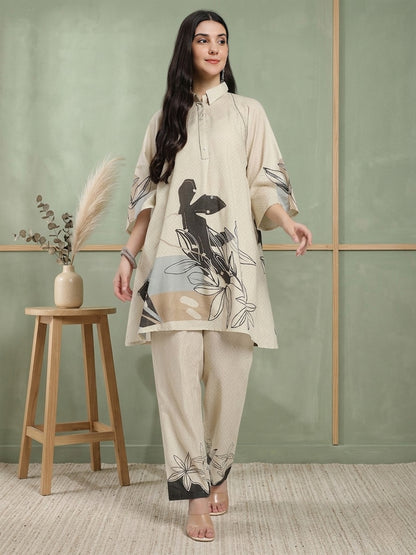 Beige Printed Co-ord Set with Abstract Floral Design