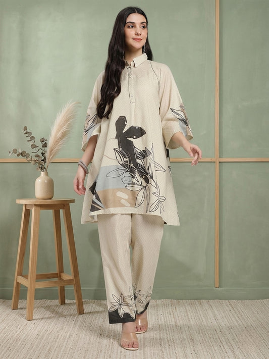 Beige Printed Co-ord Set with Abstract Floral Design