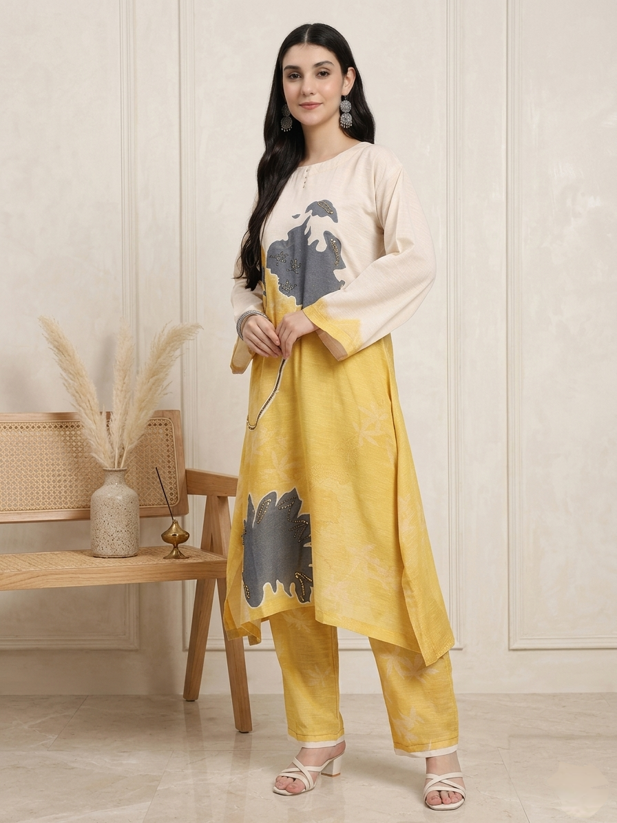 Beige & Mustard Abstract Floral Straight Kurta Set