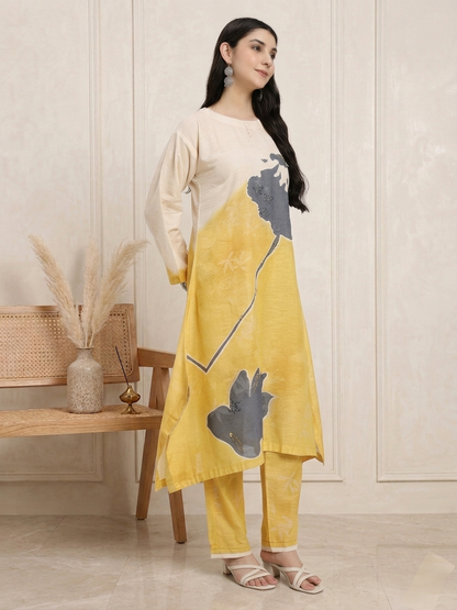 Beige & Mustard Abstract Floral Straight Kurta Set