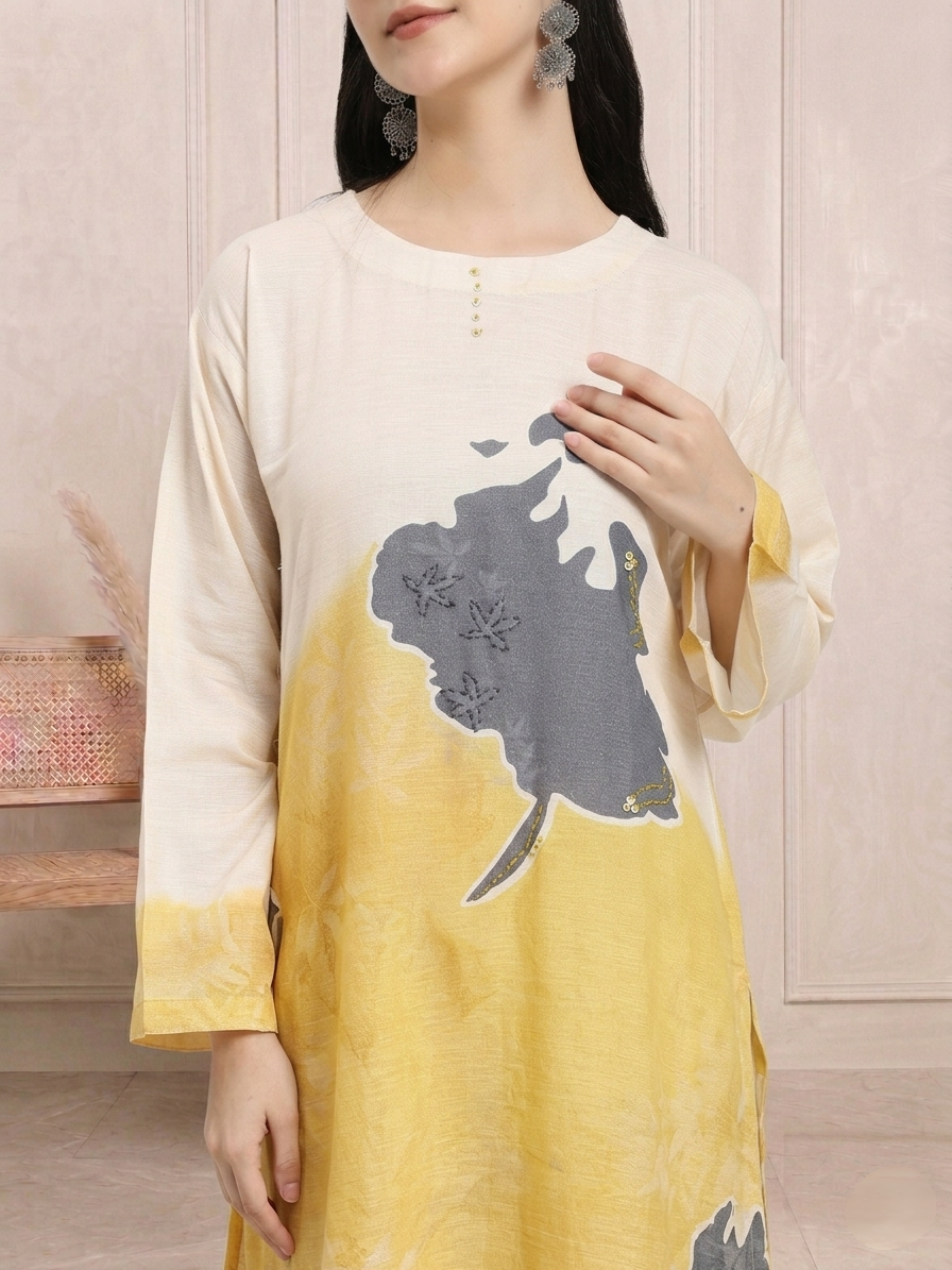 Beige & Mustard Abstract Floral Straight Kurta Set