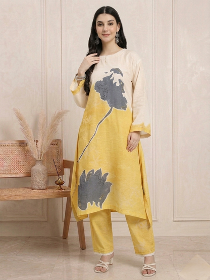 Beige & Mustard Abstract Floral Straight Kurta Set