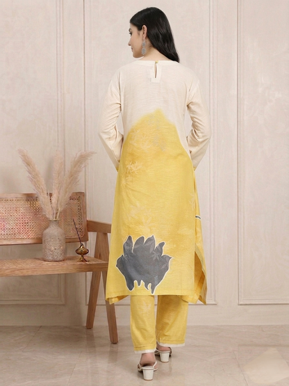 Beige & Mustard Abstract Floral Straight Kurta Set