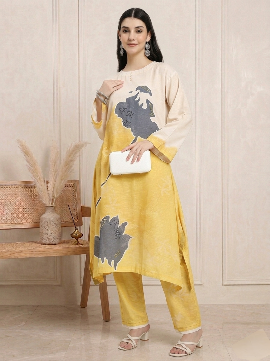 Beige & Mustard Abstract Floral Straight Kurta Set