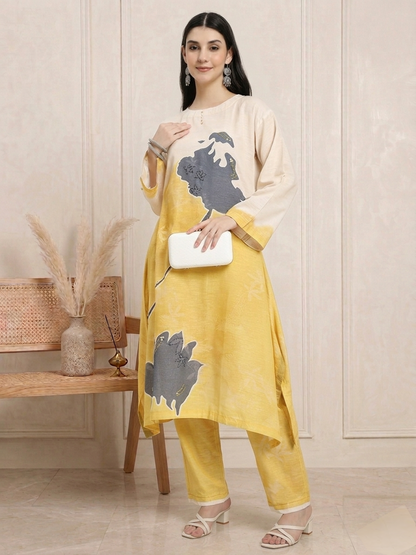 Beige & Mustard Abstract Floral Straight Kurta Set