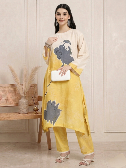 Beige & Mustard Abstract Floral Straight Kurta Set