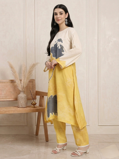 Beige & Mustard Abstract Floral Straight Kurta Set