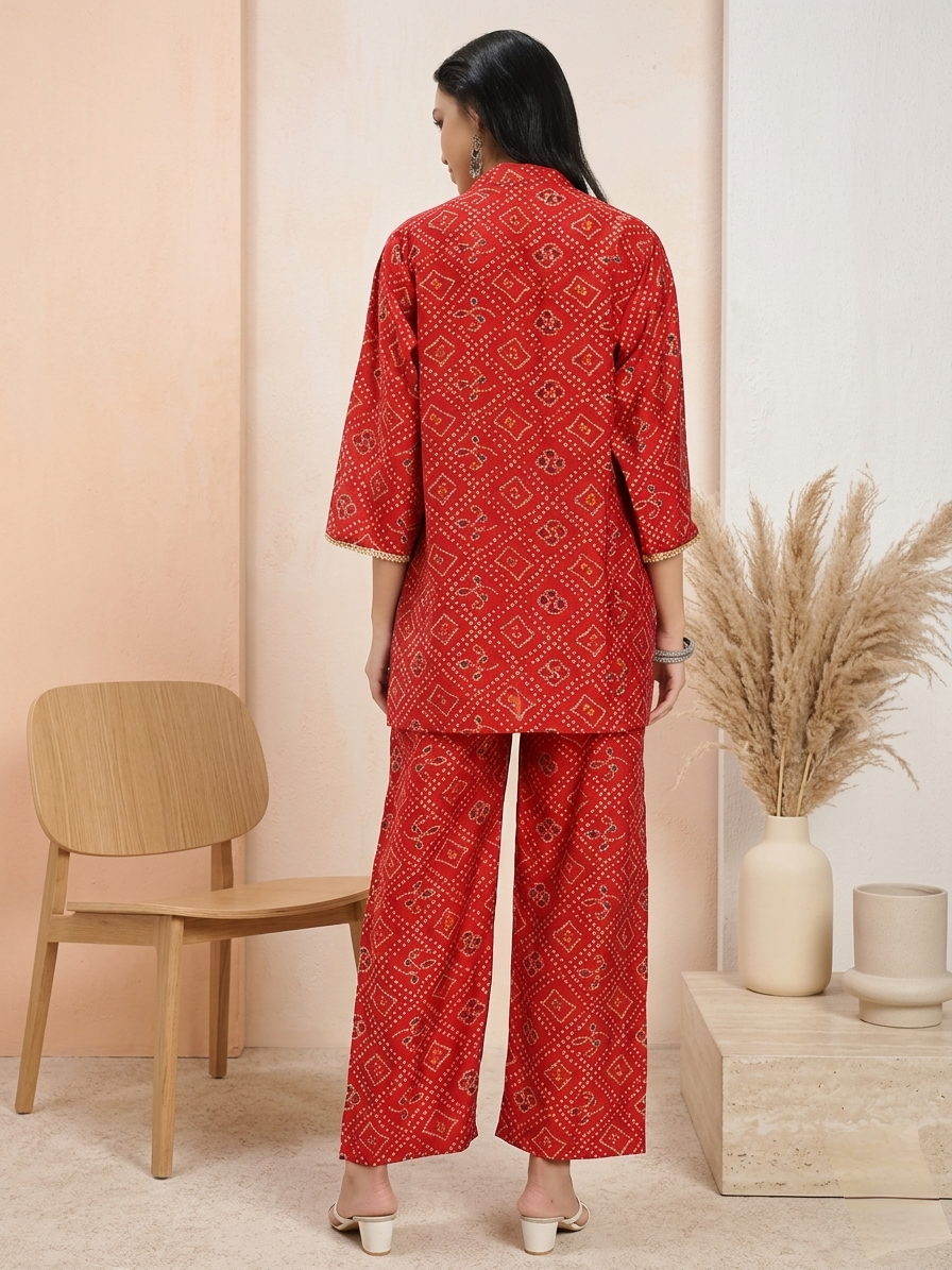 Red Printed Co-ord Set with Shirt Collar & Wide-Leg Pants