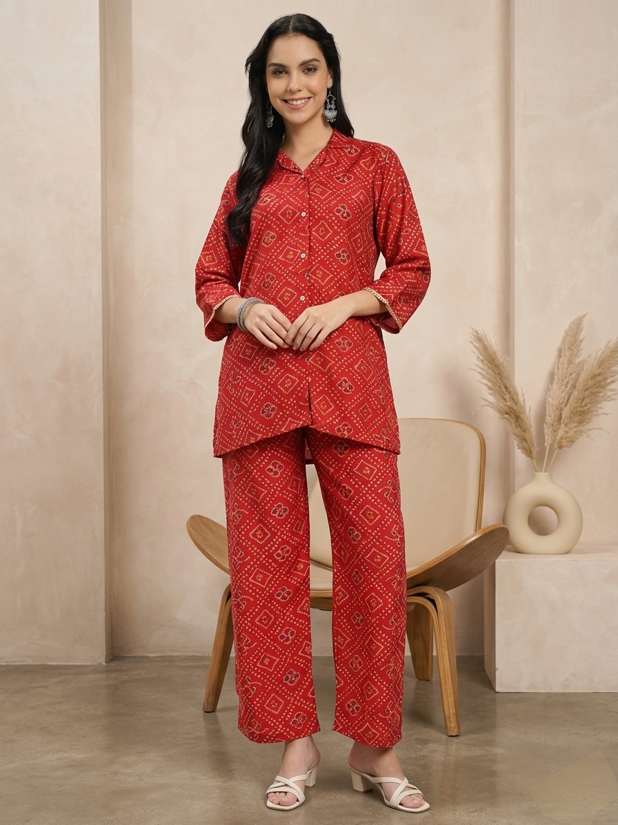 Red Printed Co-ord Set with Shirt Collar & Wide-Leg Pants