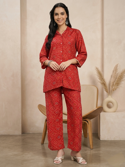 Red Printed Co-ord Set with Shirt Collar & Wide-Leg Pants