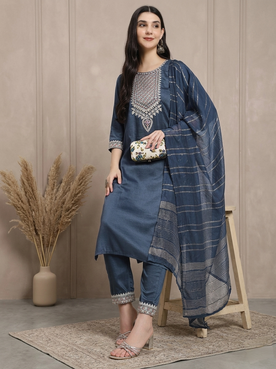 Elegant Navy Blue Embroidered Kurta with Straight Trousers & Striped Dupatta