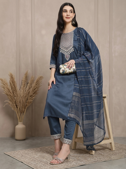 Elegant Navy Blue Embroidered Kurta with Straight Trousers & Striped Dupatta