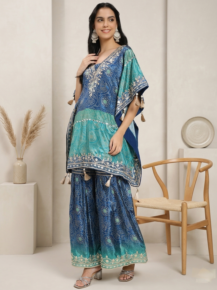 Blue Kaftan Kurta Set with Palazzo