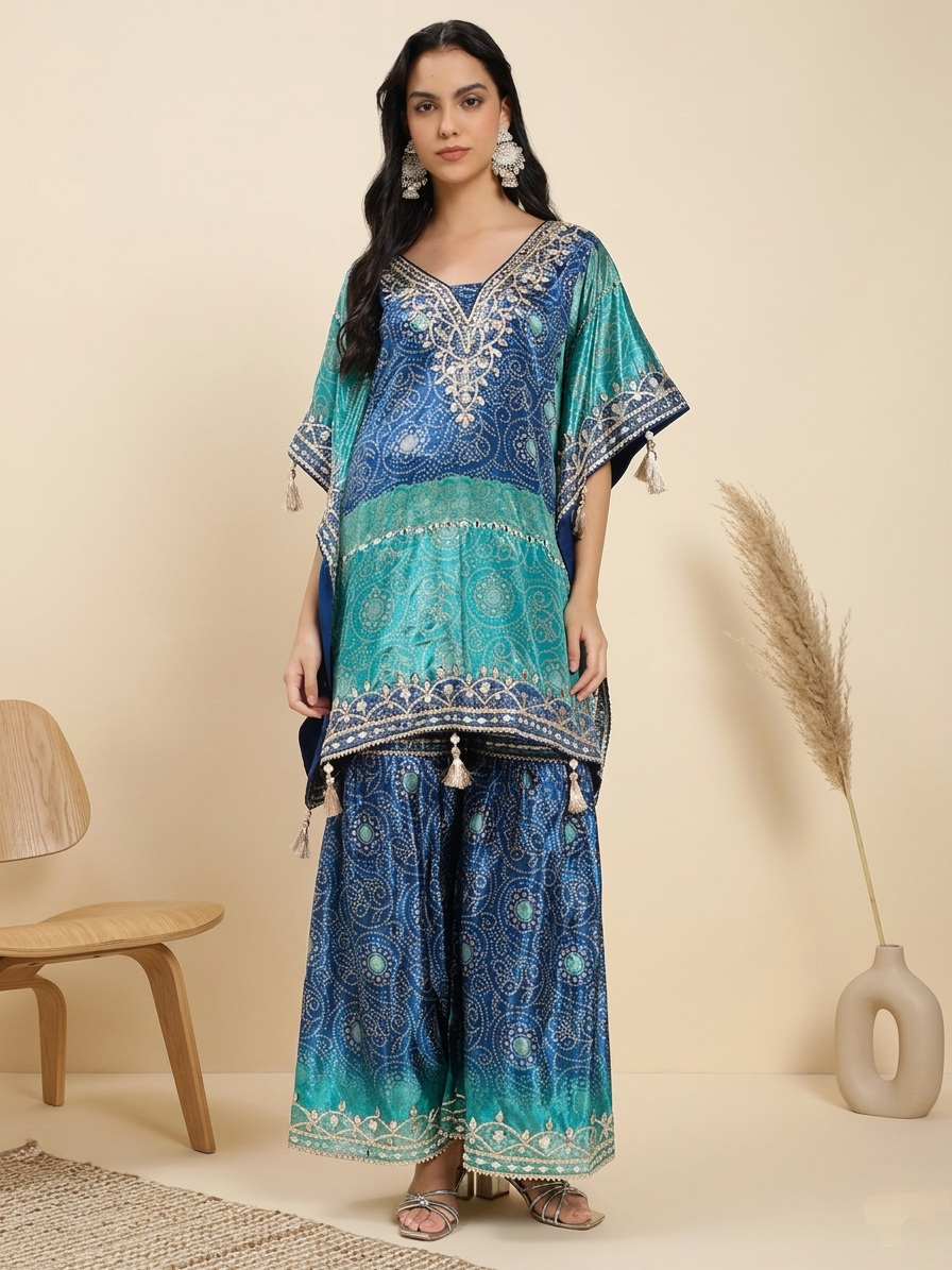 Blue Kaftan Kurta Set with Palazzo