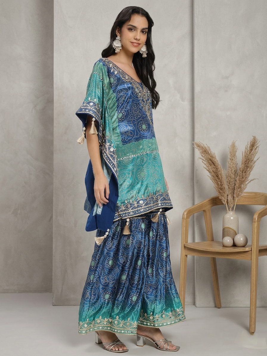 Blue Kaftan Kurta Set with Palazzo