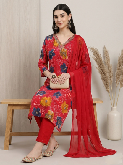 Pink Floral Printed Kurta with Straight Trousers & Solid Dupatta