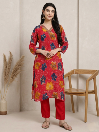 Pink Floral Printed Kurta with Straight Trousers & Solid Dupatta