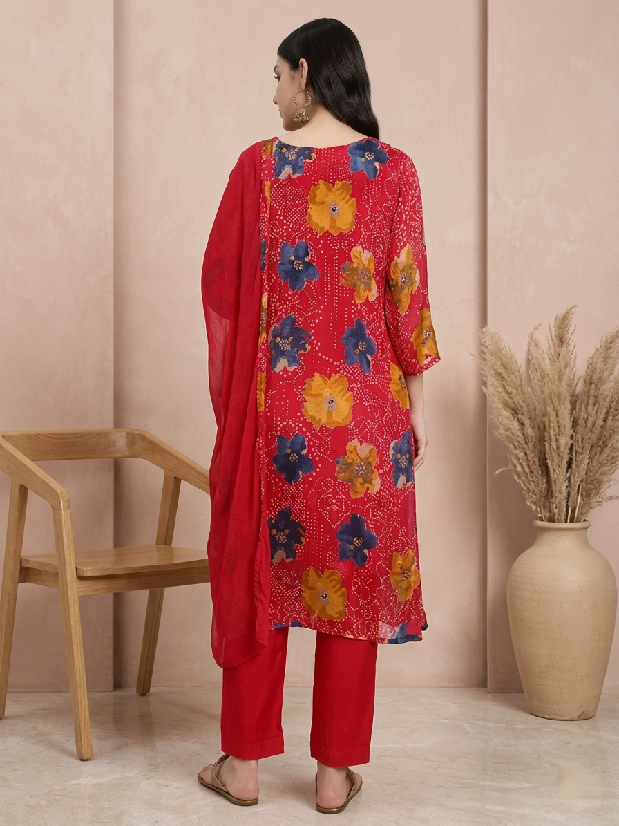 Pink Floral Printed Kurta with Straight Trousers & Solid Dupatta