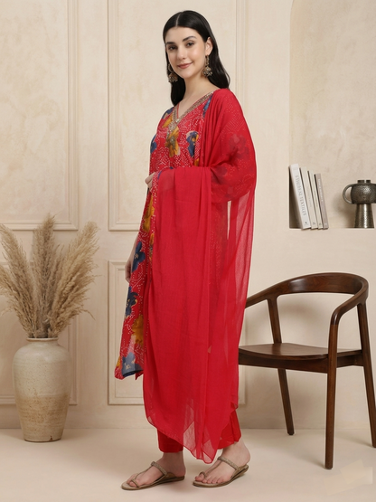 Pink Floral Printed Kurta with Straight Trousers & Solid Dupatta
