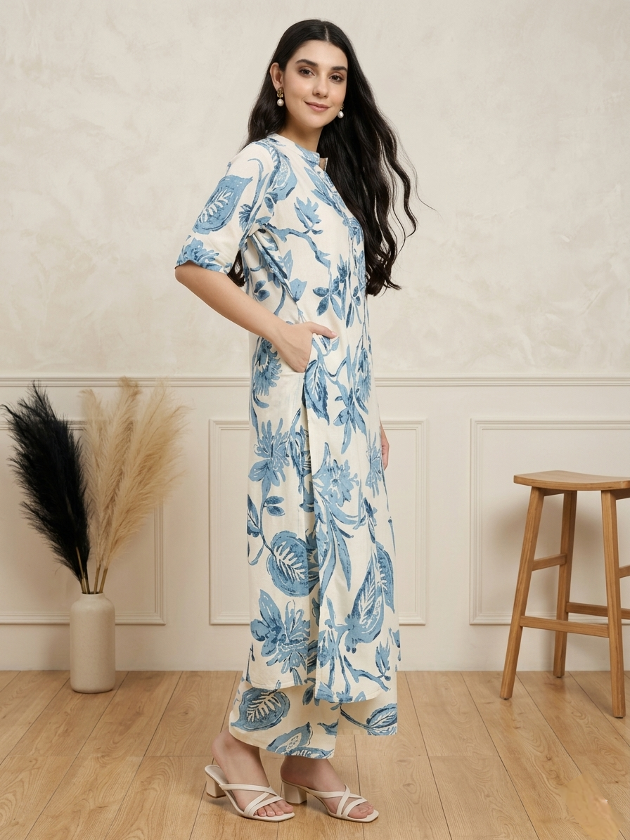 Off-White and Blue Floral Printed Co-ord Set with Kurta and Pants
