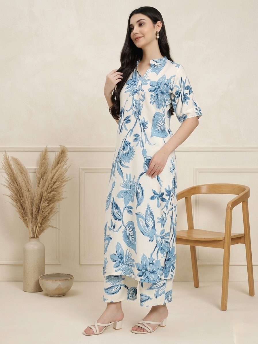 Off-White and Blue Floral Printed Co-ord Set with Kurta and Pants