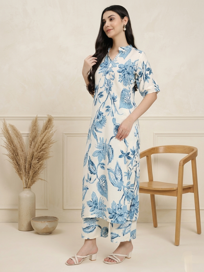 Off-White and Blue Floral Printed Co-ord Set with Kurta and Pants