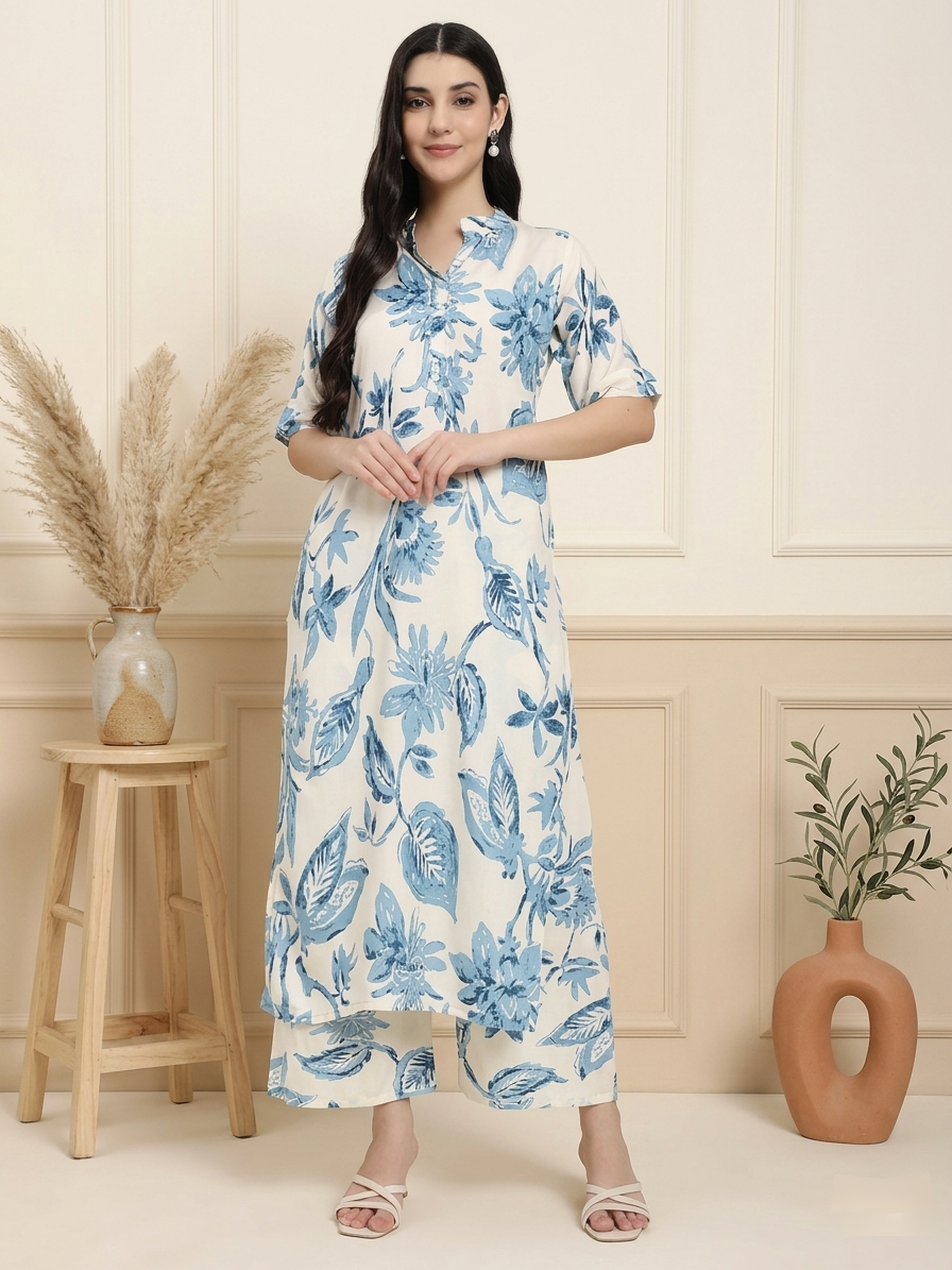 Off-White and Blue Floral Printed Co-ord Set with Kurta and Pants