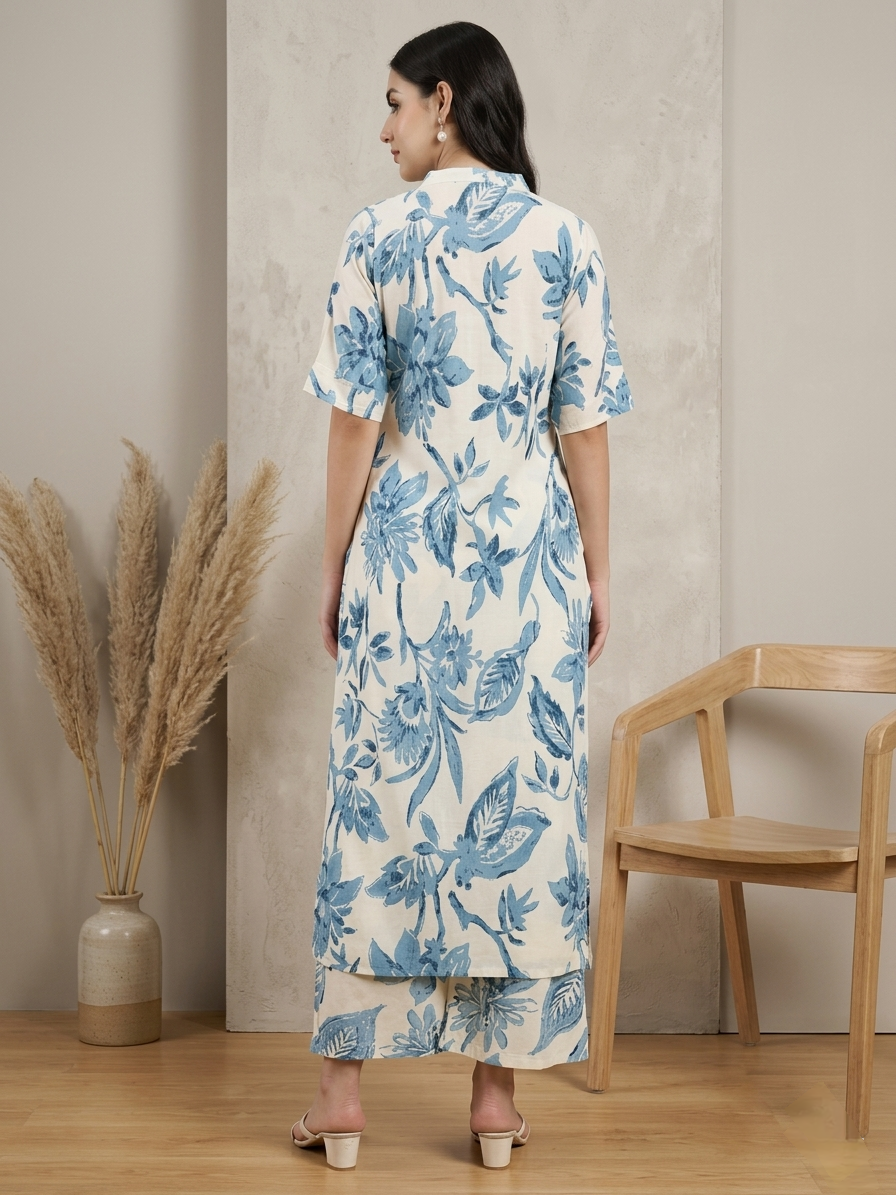 Off-White and Blue Floral Printed Co-ord Set with Kurta and Pants
