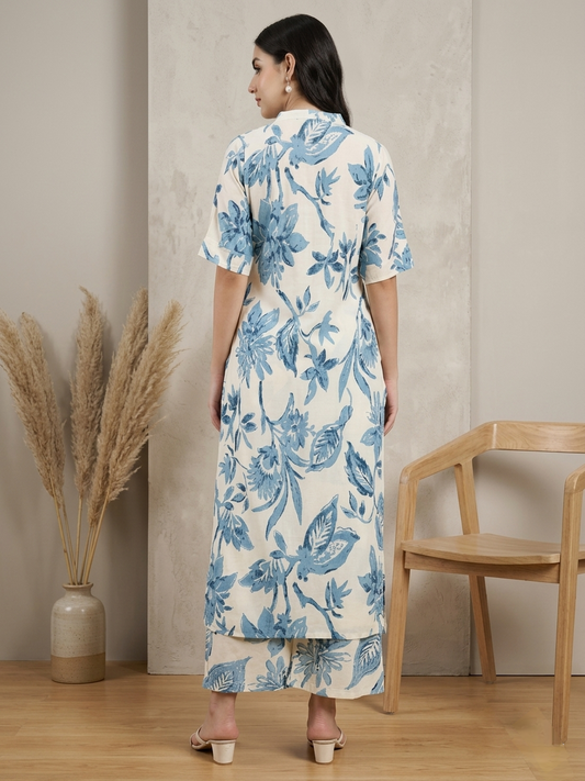 Off-White and Blue Floral Printed Co-ord Set with Kurta and Pants