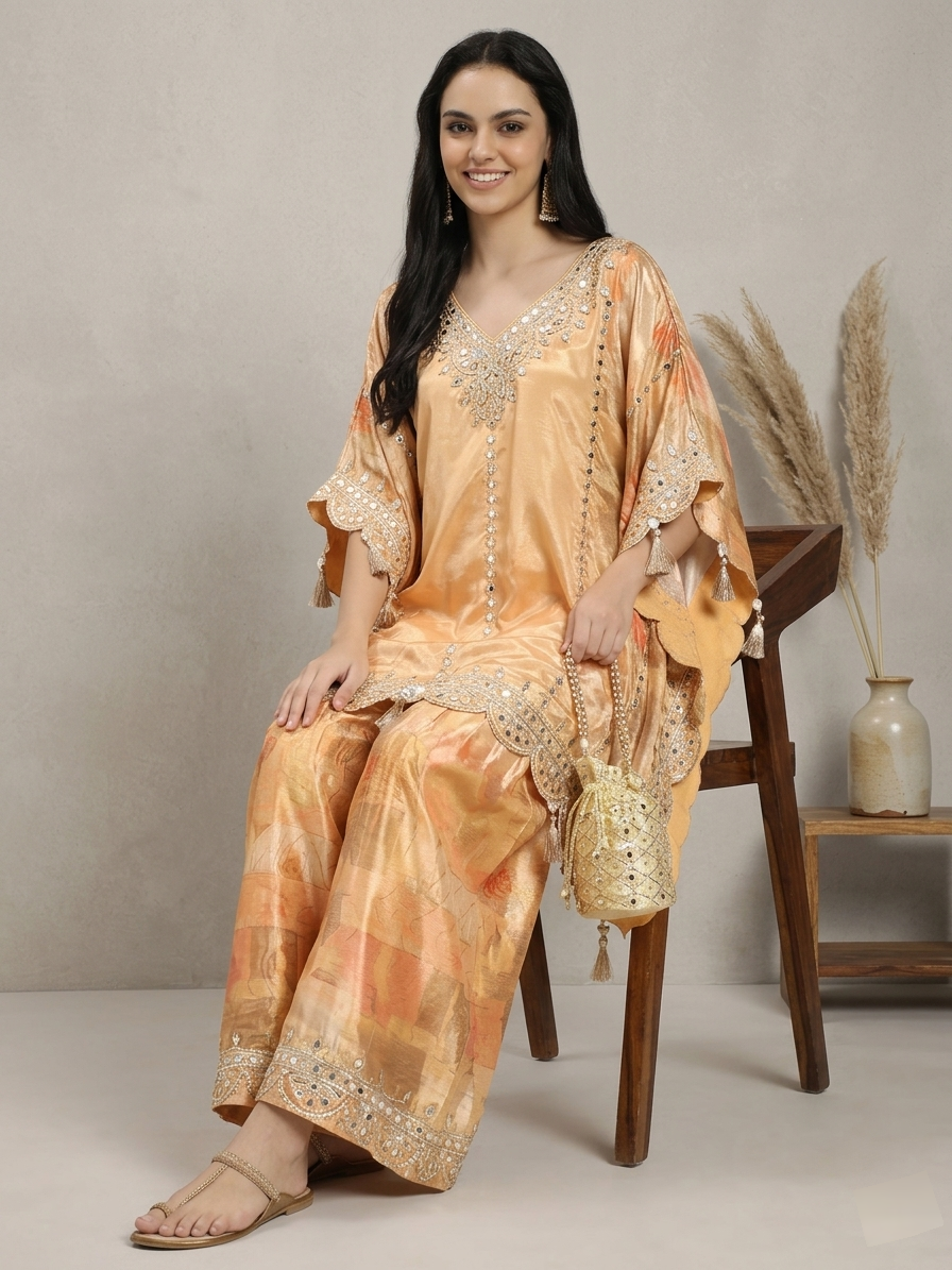 Peach Silk Mirror Work Kaftan with Sharara Set