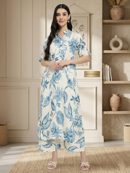 Off-White and Blue Floral Printed Co-ord Set with Kurta and Pants