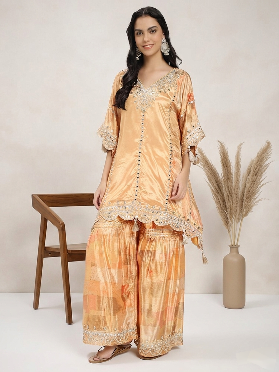 Peach Silk Mirror Work Kaftan with Sharara Set
