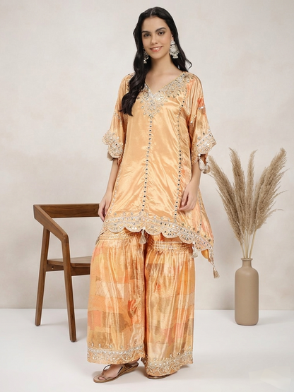 Peach Silk Mirror Work Kaftan with Sharara Set